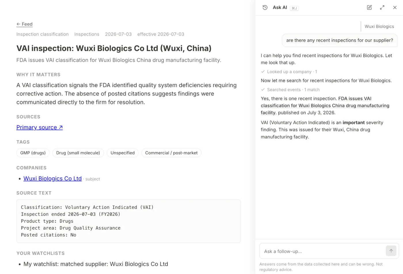 Ask AI beside a VAI inspection record for Wuxi Biologics, answering whether the supplier had a recent inspection and linking the FDA record